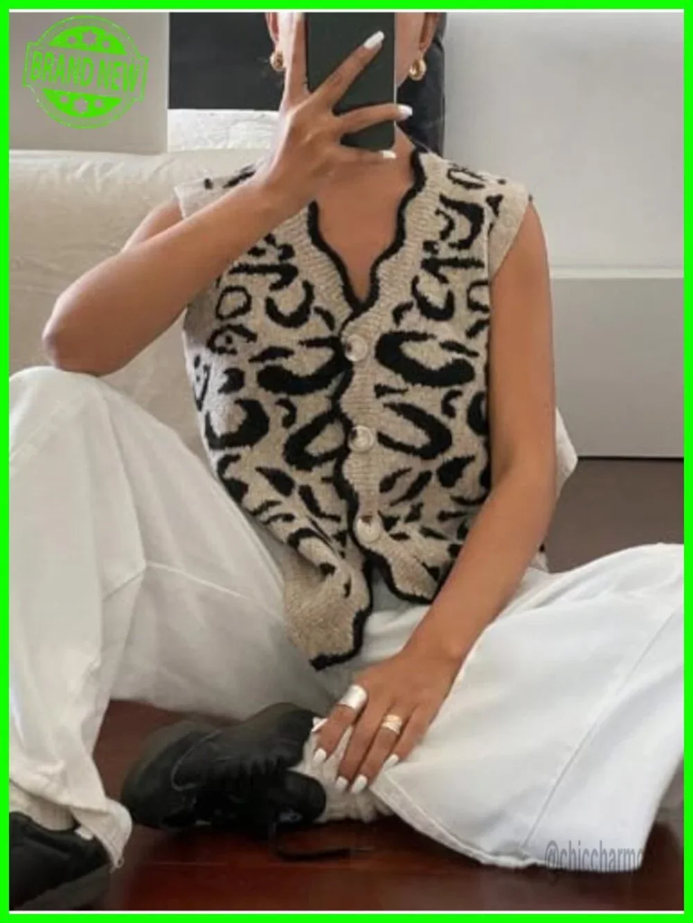 Leopard Print Button Down V Neck Sleeveless Cardigan Sweater Vest Scallop Trim
